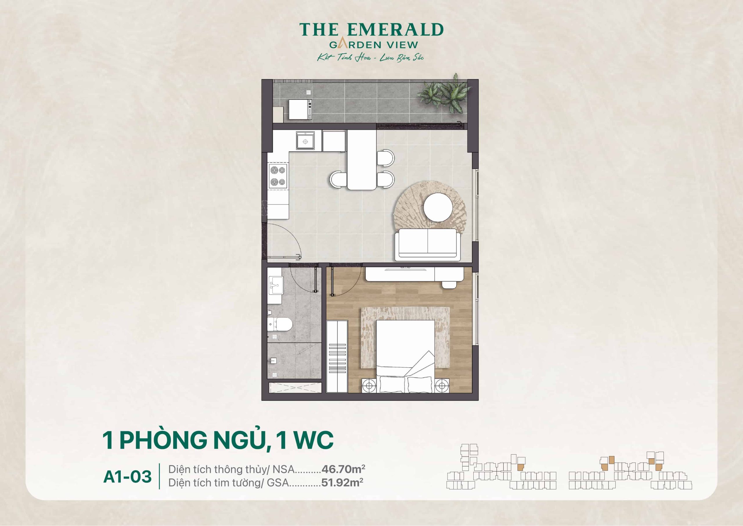 Layout Căn Hộ 01pn A1-03 ở The Emerald Garden View