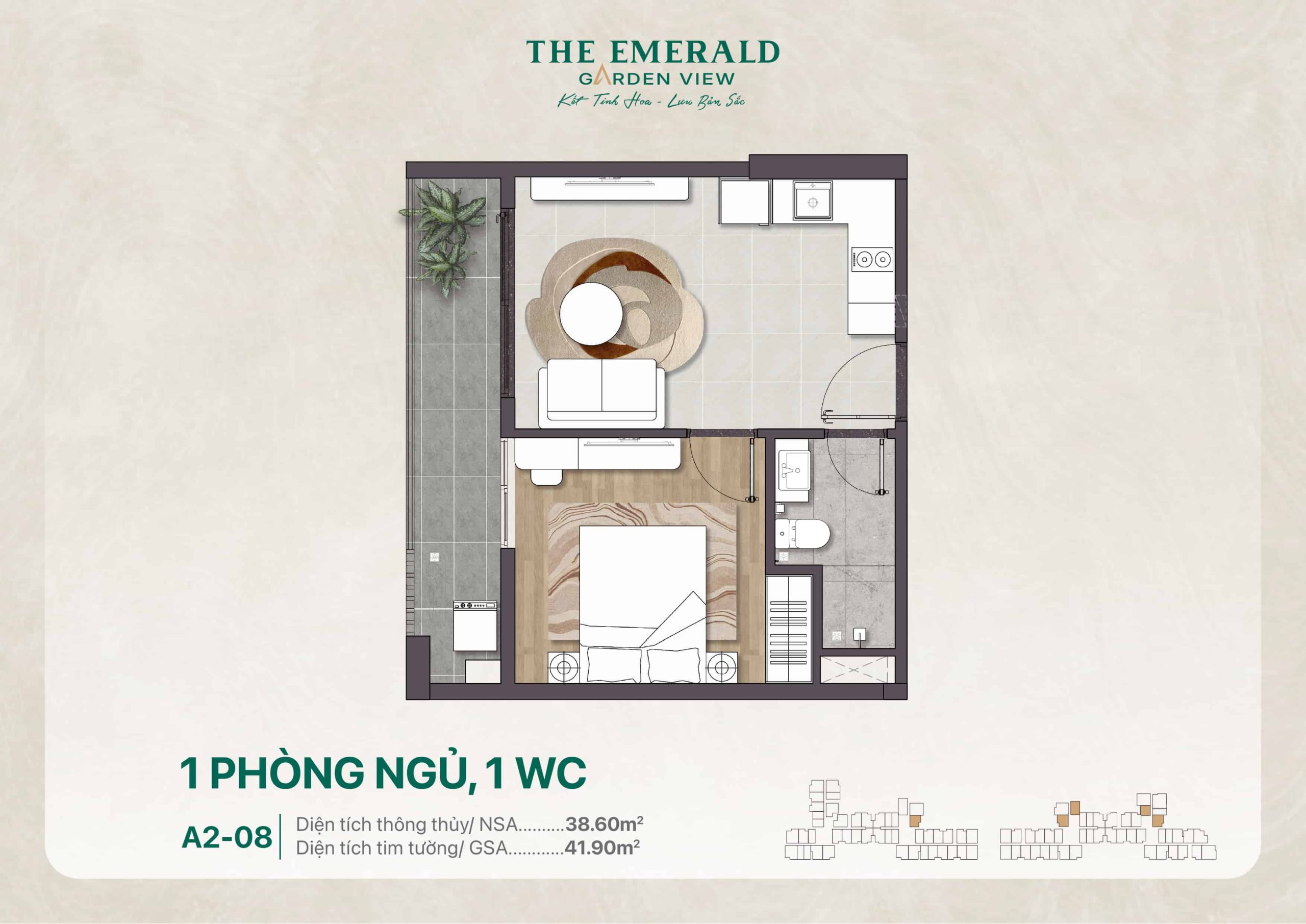 Layout Căn Hộ 01pn A2-08 ở The Emerald Garden View