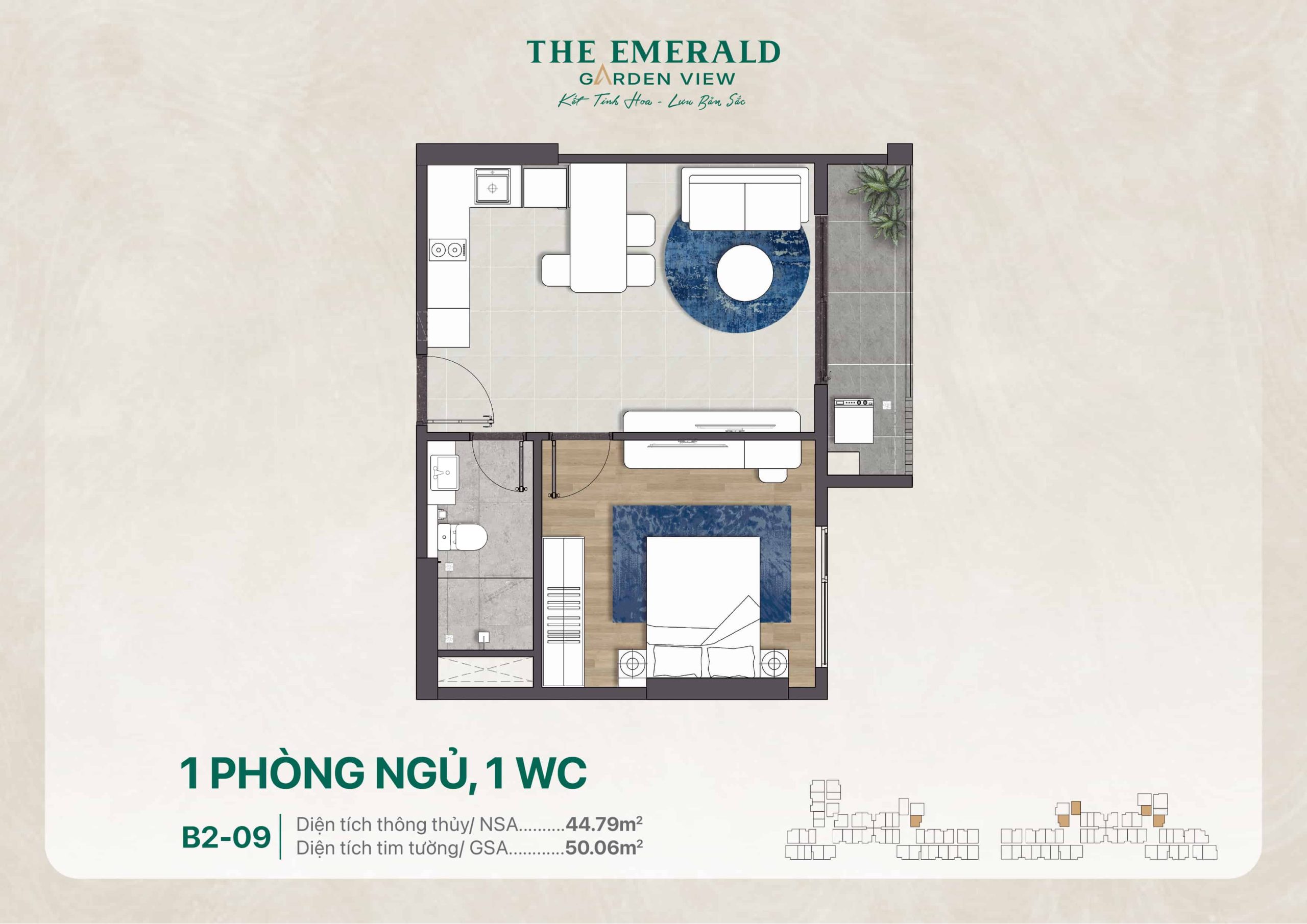 Layout Căn Hộ 01pn B1-09 ở The Emerald Garden View