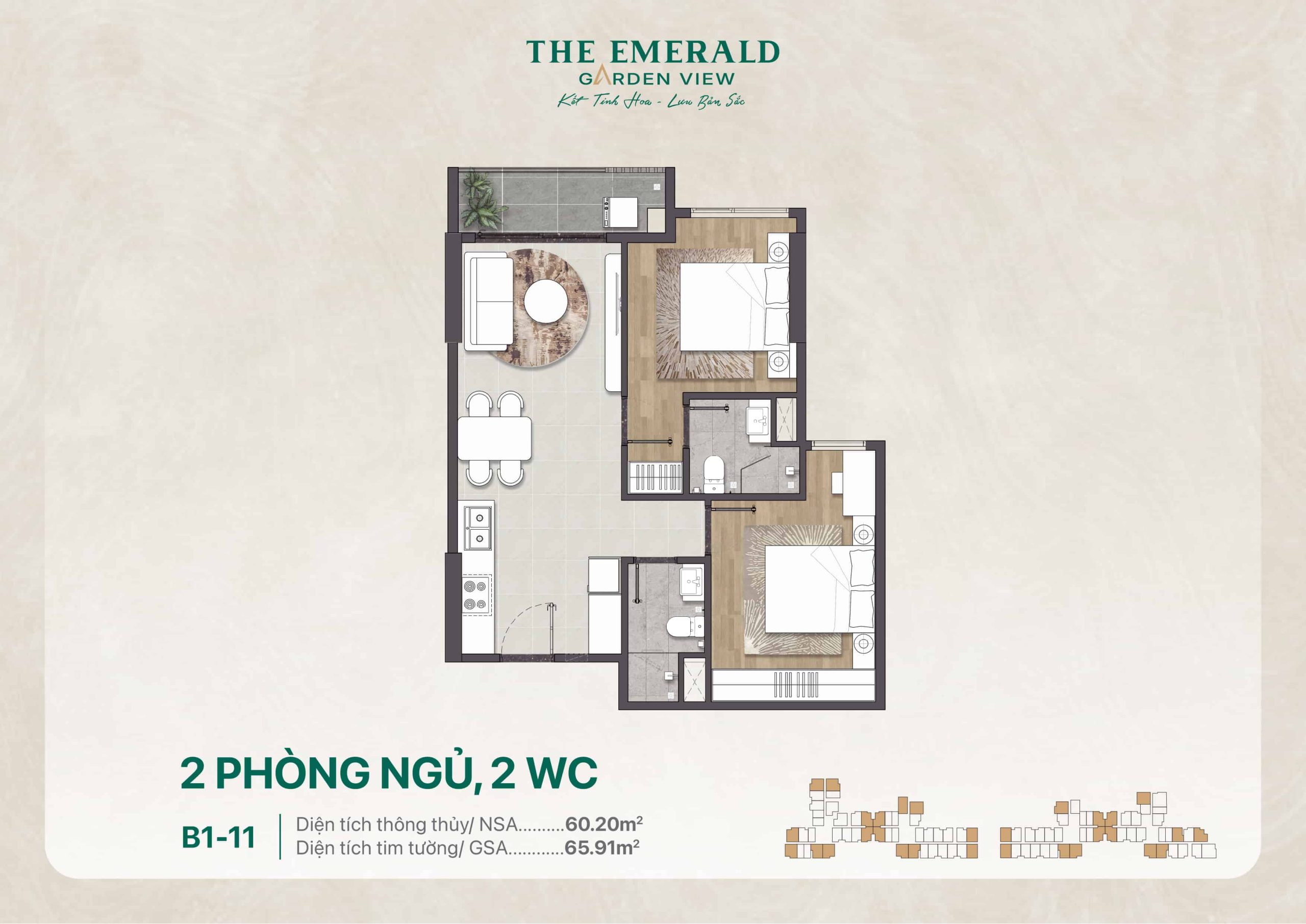 Layout Căn Hộ 02pn 02wc B1-11 ở The Emerald Garden View