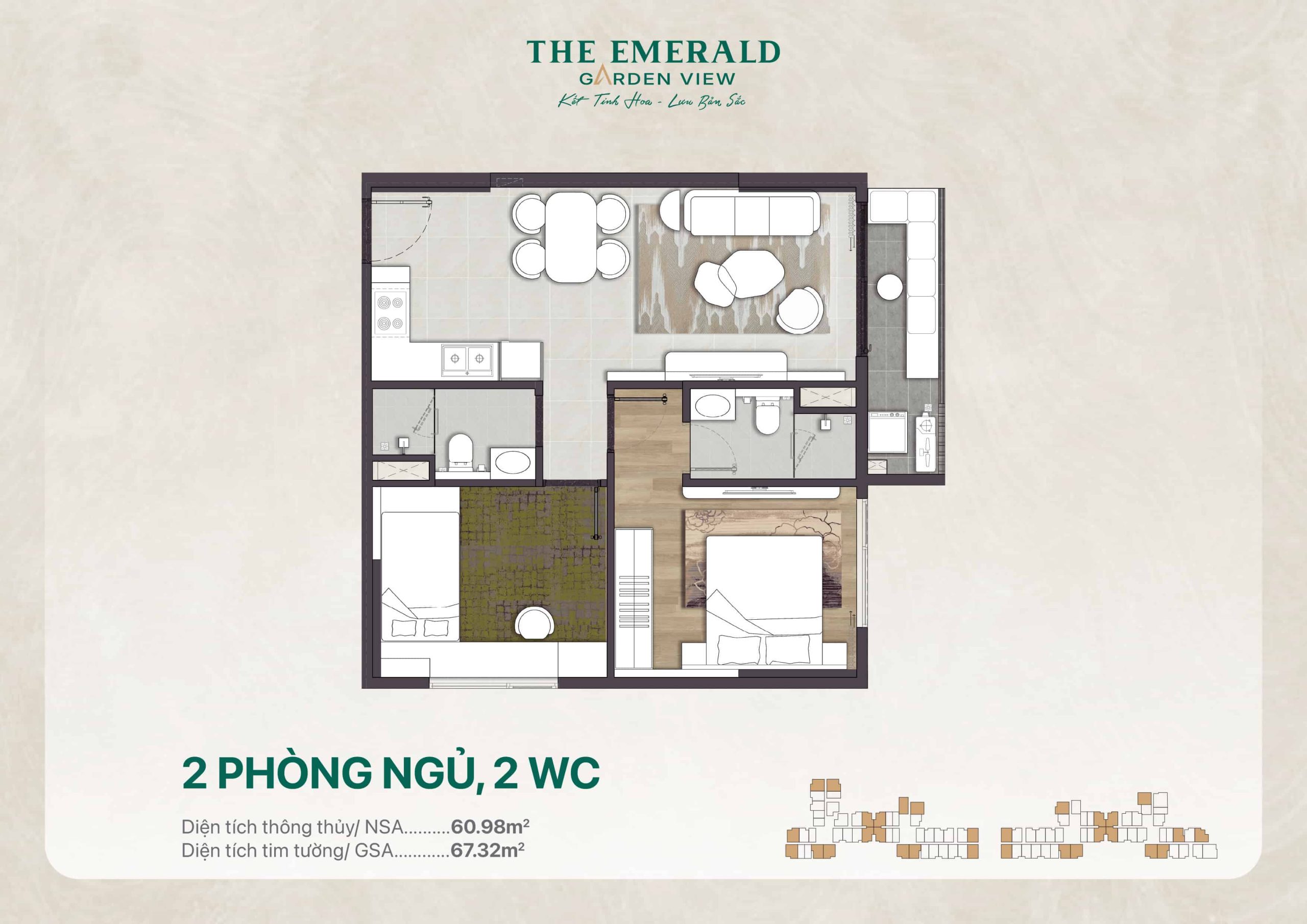 Layout Căn Hộ 02pn 02wc điển Hình ở The Emerald Garden View