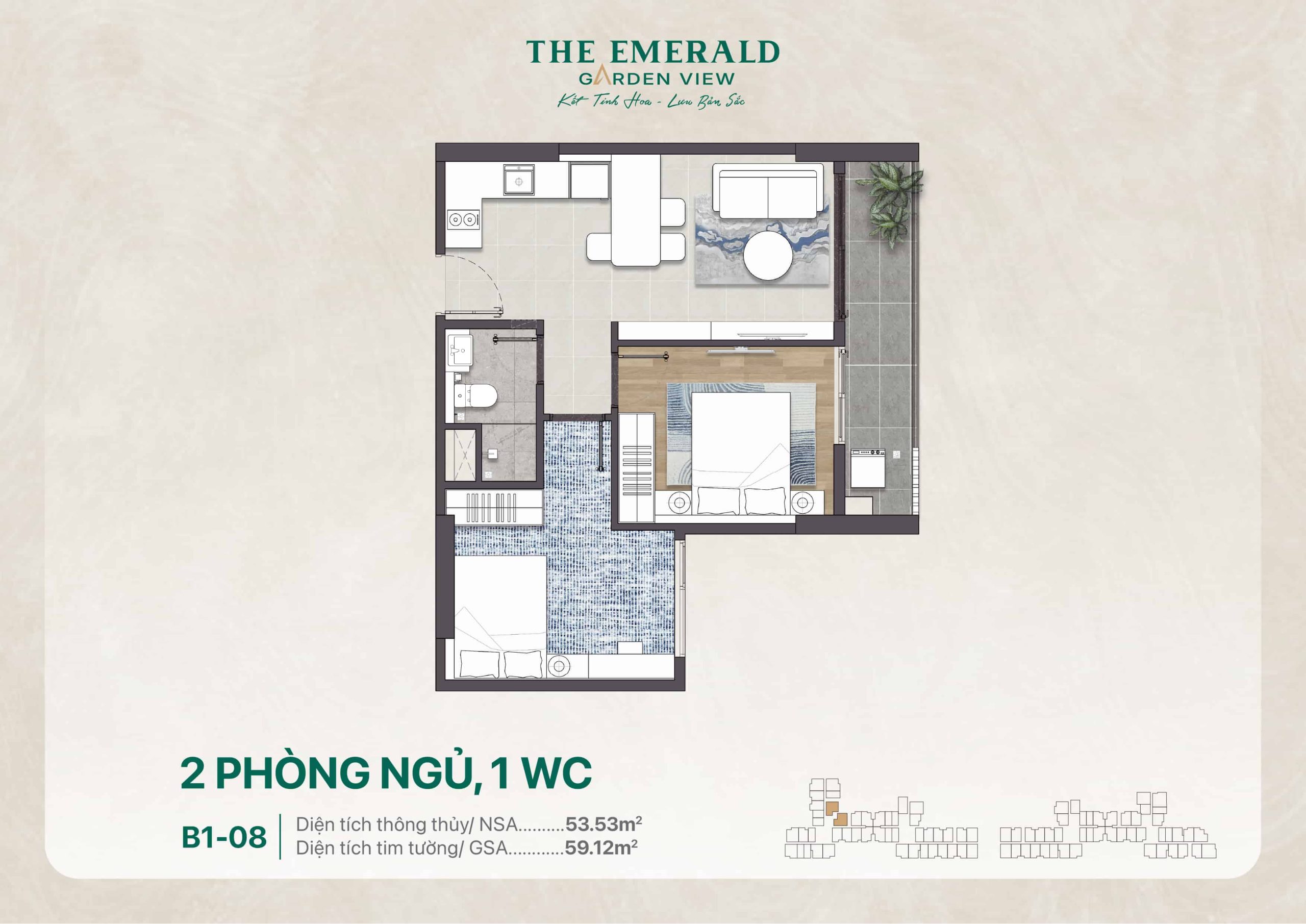 Layout Căn Hộ 02pn 1wc B1-08 ở The Emerald Garden View