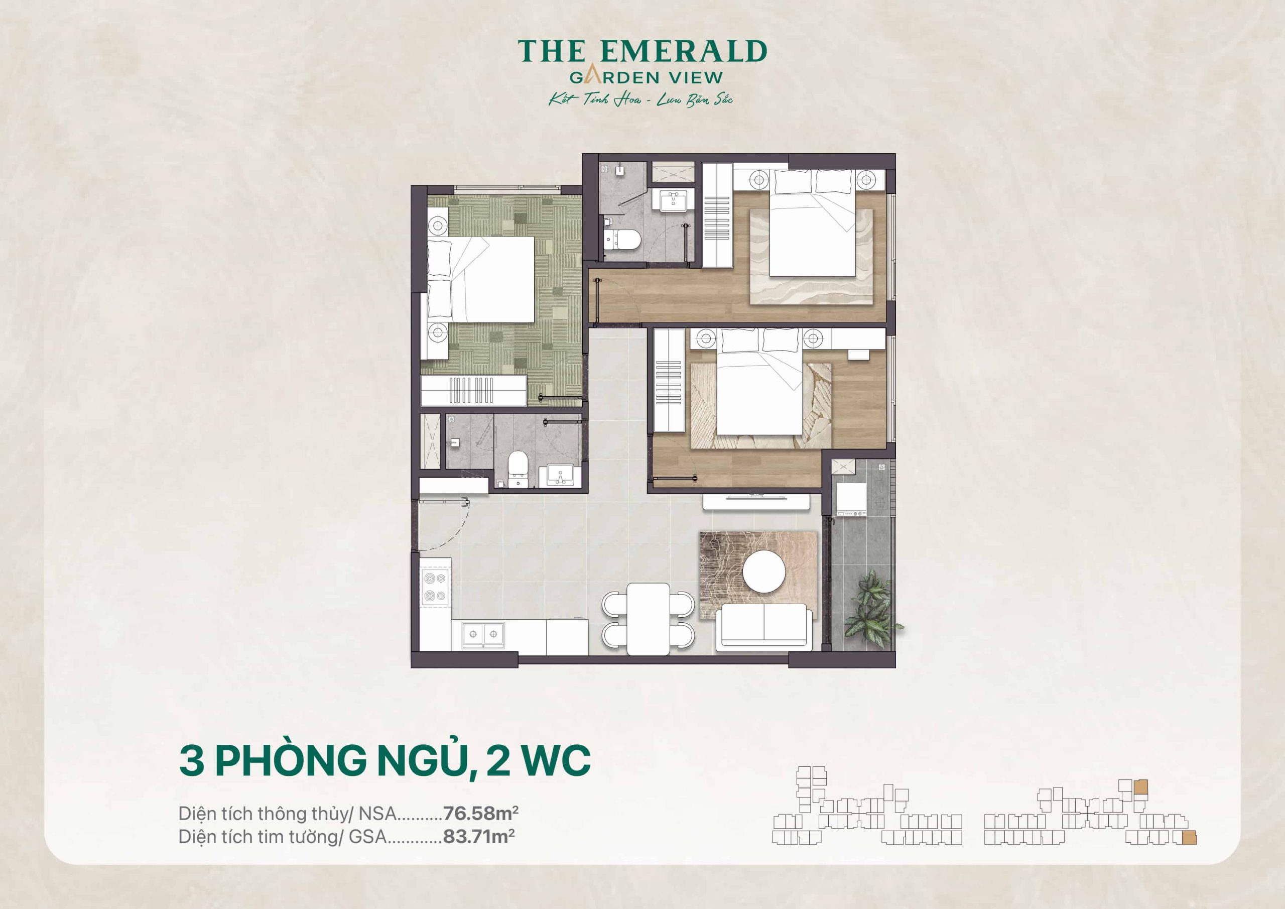 Layout Căn Hộ 03pn 02wc điển Hình ở The Emerald Garden View