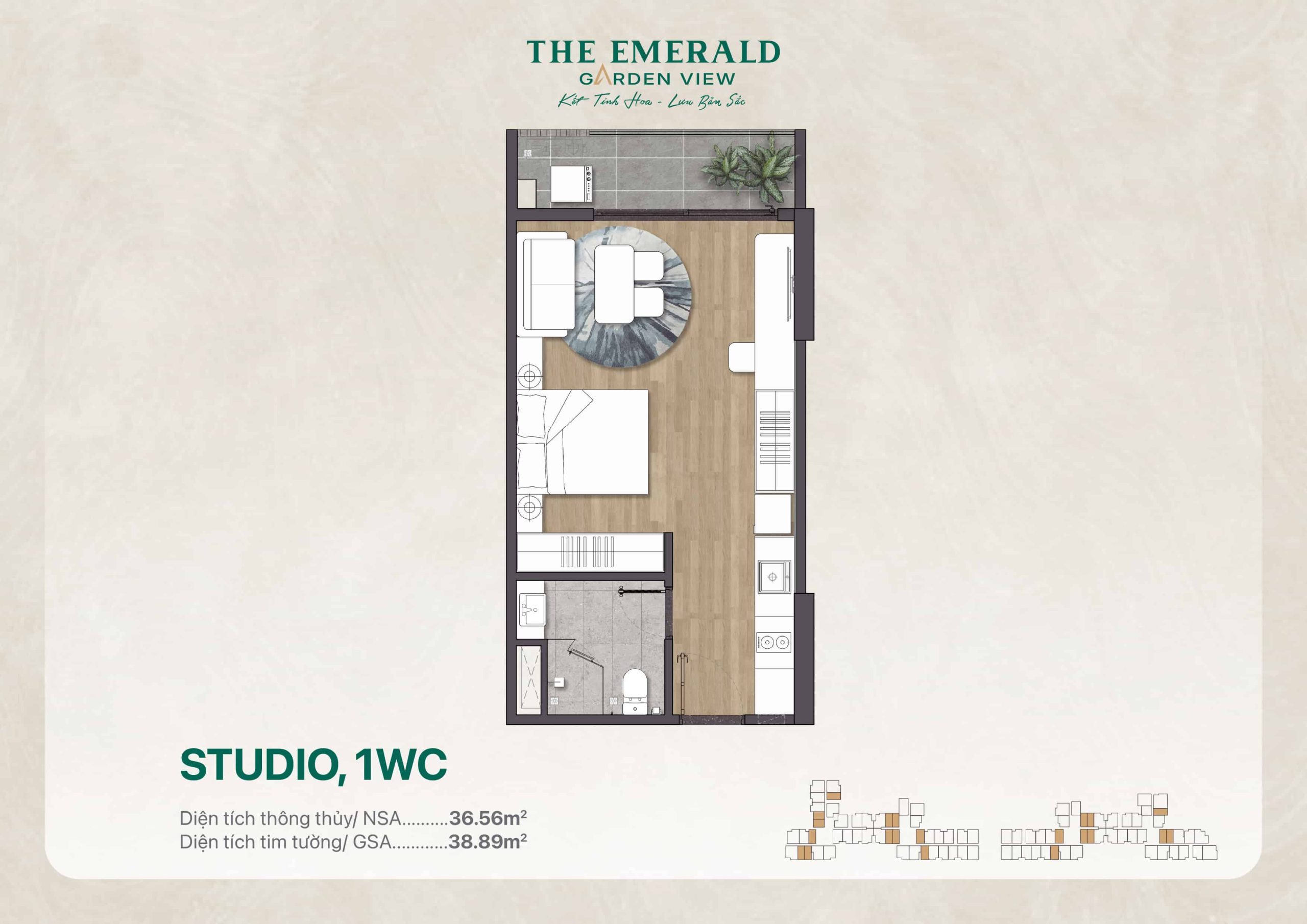 Layout Căn Studio điển Hình ở The Emerald Garden View